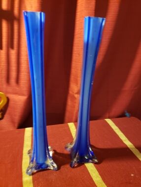 Set Of 2 Gorgeous Vtg. Cobalt Blue Blown Glass Ultra Thin Bud Vases, 12.5"x3.0"